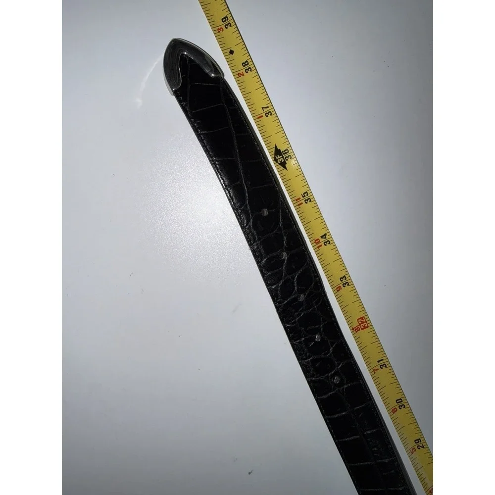 Eurometal Made In Italy Black Leather‎ Belt Silver Tone Embossed Sz 34